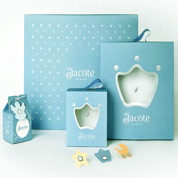 Eco-friendly baby clothes packaging boxes with cute artwork and window cut-outs