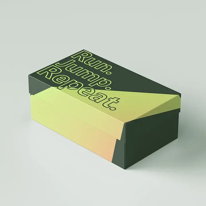 Branded shoe box with bold company logo and matte black finish