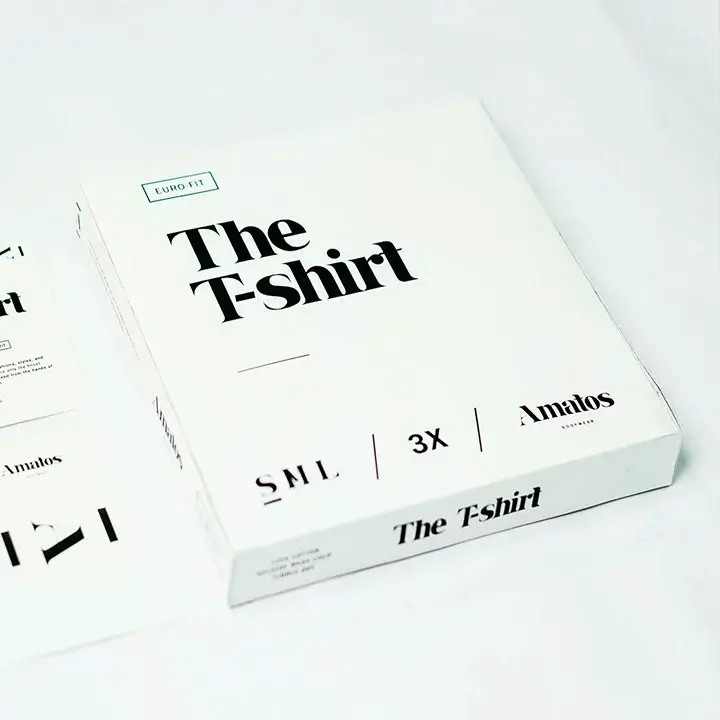 Casual T-shirt packaging box with brand logo and sizing info