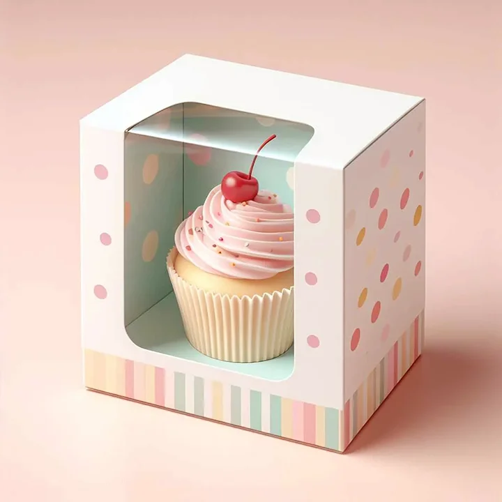 Paperboard single cupcake box with a front and center windowed